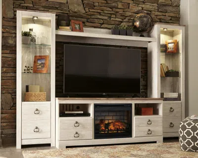 Ashley Willowton 4-piece Entertainment Center With 63" Tv Stand And Electric Fireplace In Whitewash