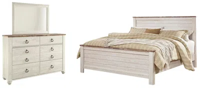 Ashley Willowton California King Panel Bed With Mirrored Dresser In Whitewash