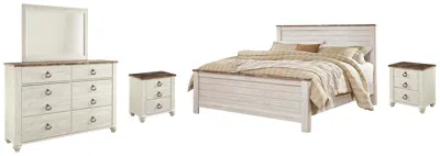 Ashley Willowton King Panel Bed With Mirrored Dresser And 2 Nightstands In Whitewash