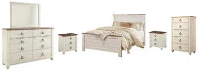Ashley Willowton Queen Panel Bed With Mirrored Dresser In Whitewash
