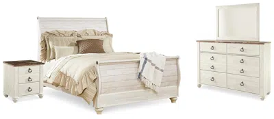 Ashley Willowton Queen Sleigh Bed With Mirrored Dresser And 2 Nightstands In Whitewash