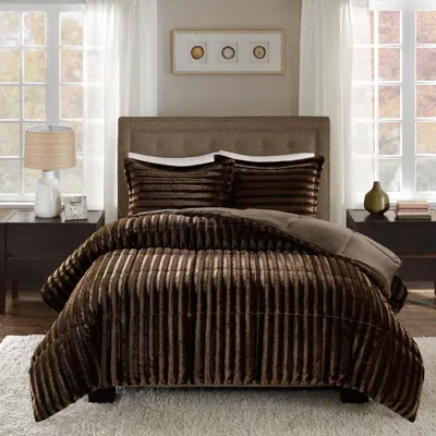 Ashley York Faux Fur Full/queen Comforter Mini Set In Chocolate