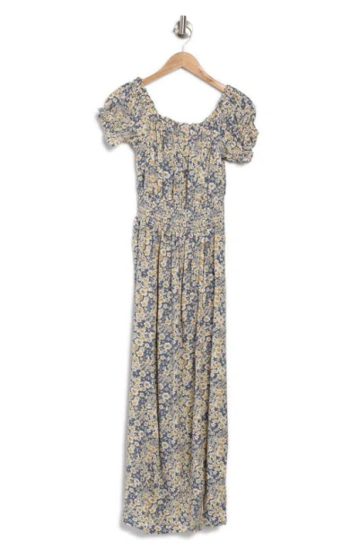 Assorted Floral Print Shirred Sleeve Sundress In Blue Print