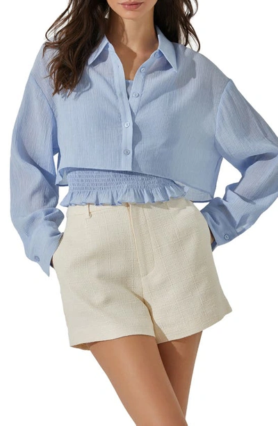Astr Crop Button-up Shirt & Smocked Camisole In Periwinkle Blue