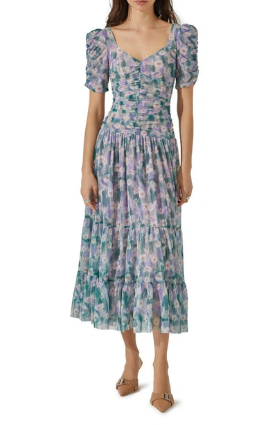 Astr Floral Print Ruched Maxi Dress In Green Lavender Floral