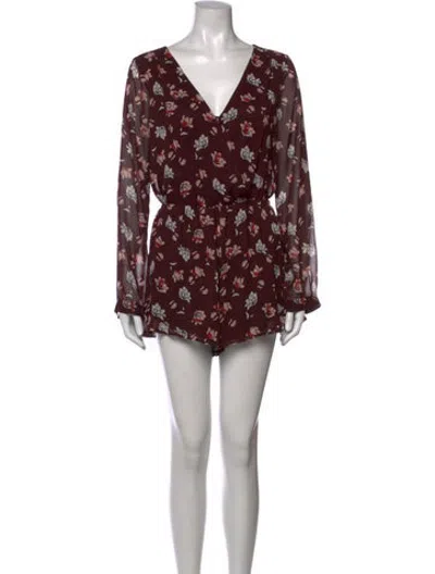 Pre-owned Astr Floral Print V-neck Romper In Burgundy