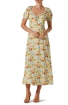 Astr Floral Puff Sleeve Midi Dress In Yellow Multi Floral