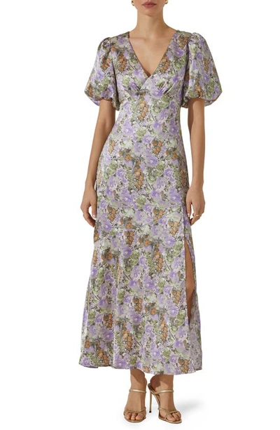 Astr Floral Puff Sleeve Satin Maxi Dress In Purple Green Floral Abstract