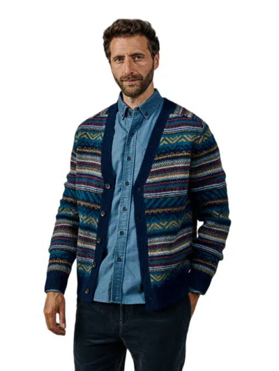 Aubin Fenton Fairisle Geo Cardigan In Blues Mix
