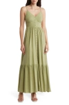 August Sky Button Front Tiered Maxi Dress In Olive