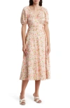 August Sky Floral Faux Wrap Midi Dress In Pink Multi
