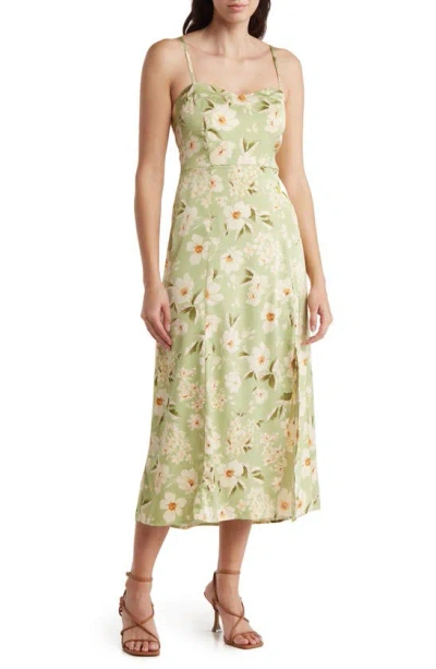 August Sky Floral Sweetheart Slit Midi Dress In Light Green Multi