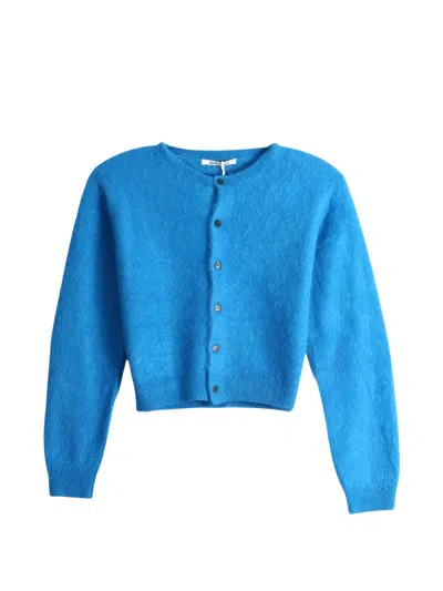 Auralee Cropped Mini Cardigan With Round Neck & Button Front In Navy
