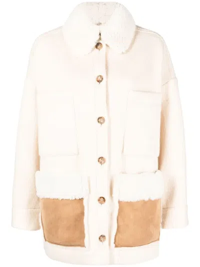 Ava Adore Shearling-trim Button-up Jacket In Beige