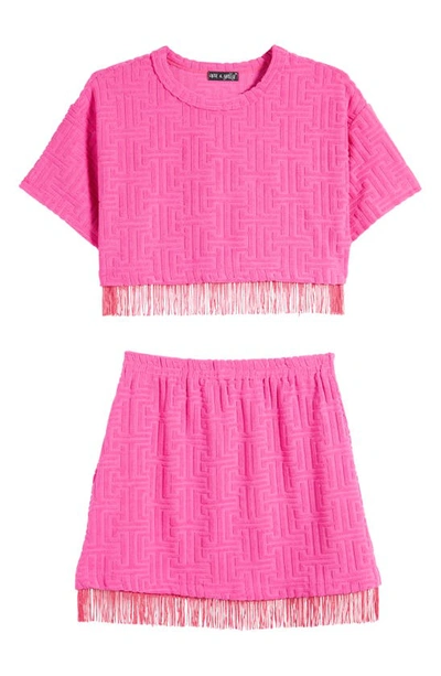 Ava & Yelly Kids' Fringe Cover-up Top & Skirt Set In Fuchsia