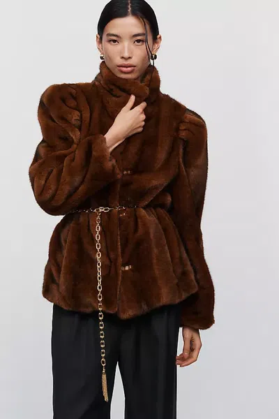 Avec Les Filles Puff Sleeve Faux Fur Jacket In Brown