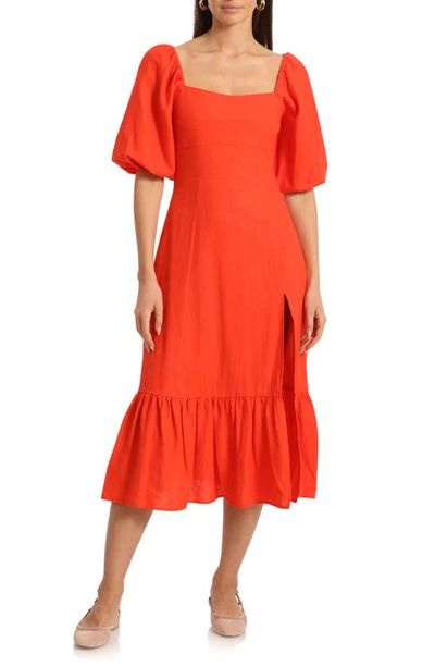 Avec Les Filles Puff Sleeve Midi Dress In Coral