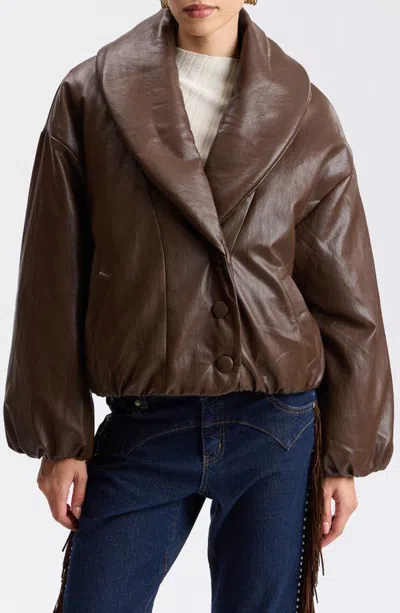 Avec Les Filles Shawl Collar Faux Leather Balloon Puffer Jacket In Brown