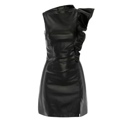 Avenue No.29 Black Eco Leather Asymmetrical Mini Dress With Ruffle