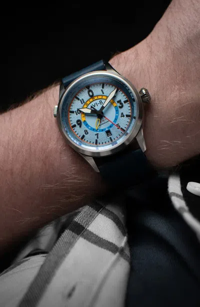 Avi-8 Flyboy Wingman Worldtime Automatic Leather Strap Watch, 41mm In Blue