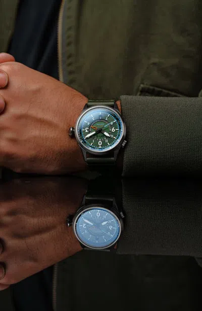 Avi-8 Flyboy Wingman Worldtime Automatic Leather Strap Watch, 41mm In Green