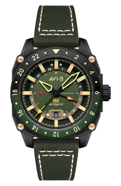 Avi-8 Hawker Hunter Atlas Gmt Automatic Leather Strap Watch, 44mm In Green