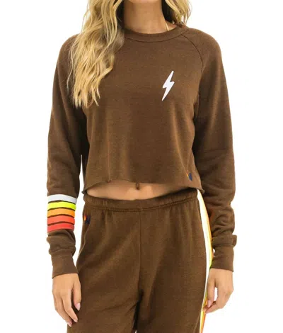 Aviator Nation Bolt Rugby Stitch Cropped Crew Sweatshirt In Chocolate/white Neon In Brown