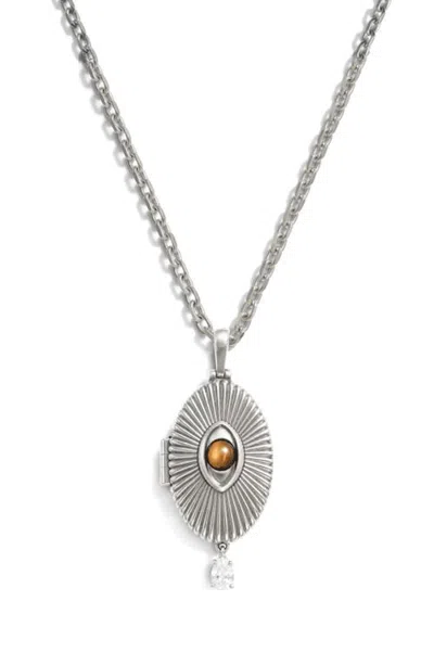 Awe Inspired Spellbound Sterling Silver Tiger's Eye & Lab Created Sapphire Locket Necklace