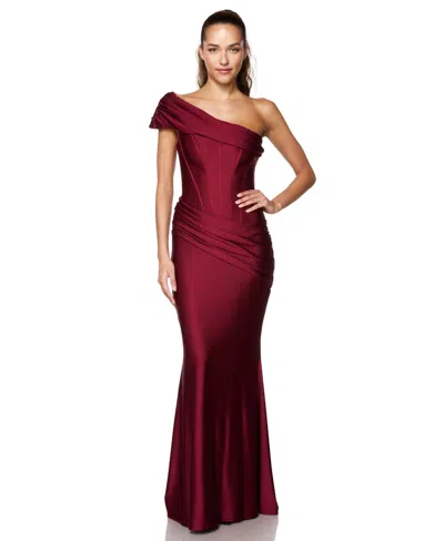 B Darlin Juniors' One-shoulder Corset Bodice Asymmetrical Waist Gown In Red