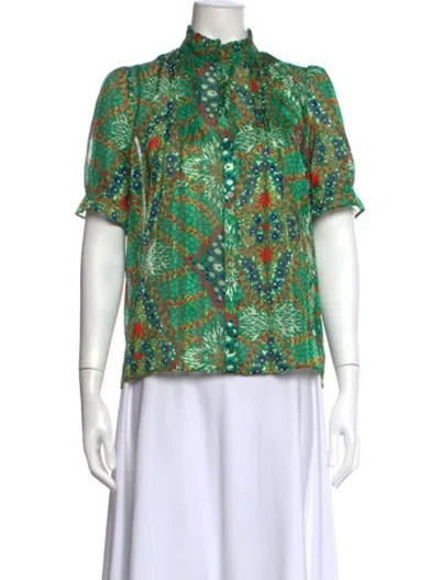 Pre-owned Ba&sh Floral Print Short Sleeve Blouse In Green