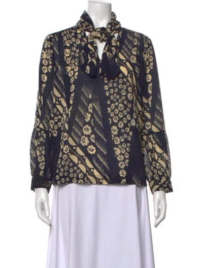 Pre-owned Ba&sh Floral Print Tie Neck Blouse In Blue