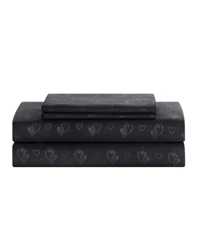Baby Phat Heart Cat Stamp Embossed 4-piece Sheet Set, Twin In Black