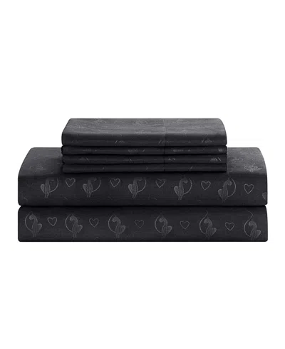 Baby Phat Heart Cat Stamp Embossed 6-piece Sheet Set, Queen In Black