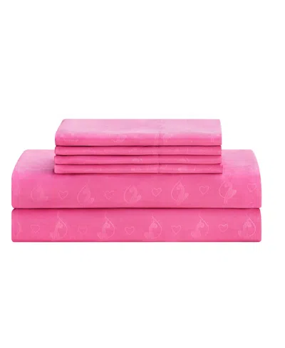 Baby Phat Heart Cat Stamp Embossed 6-piece Sheet Set, Queen In Pink