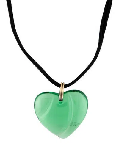 Pre-owned Baccarat Cord & Glass Heart Pendant Necklace, 26.5" In Black/green