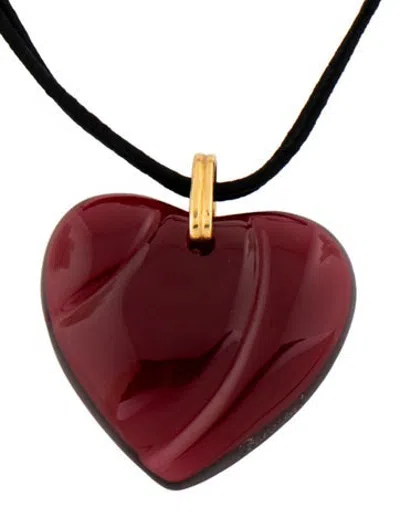 Pre-owned Baccarat Glass Carved Heart & Cord Pendant Necklace, 28" In Red