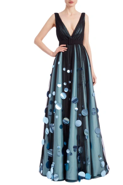 Pre-owned Badgley Mischka $1,400 Exceptional Gown Paillettes Skirt Black/aqua Sz 0,2,4,6 In Blue