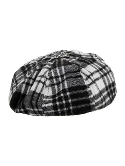 Pre-owned Badgley Mischka Plaid Crystal Embellished Beret In Black