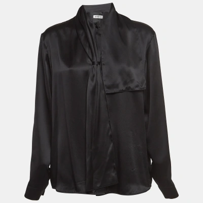 Pre-owned Balenciaga Black Satin Silk Tie-up Neck Button Front Shirt S