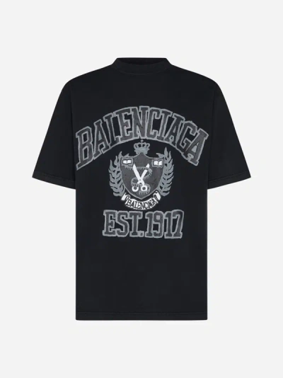Balenciaga Logo Cotton T-shirt In Washed Black