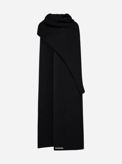 Balenciaga Logo Wool Blanket Scarf In Black