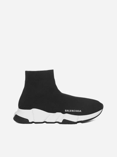 Balenciaga Speed Lt Logo-print Stretch-knit High-top Sneakers In Black,white