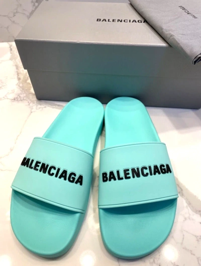 Pre-owned Balenciaga Women's Logo Pool Slides Sandals 10 Us /40 Eu In Mint/black