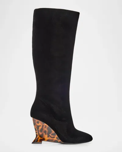 Balmain 95mm Velvet Tortoiseshell Wedge Knee-high Boots In Black