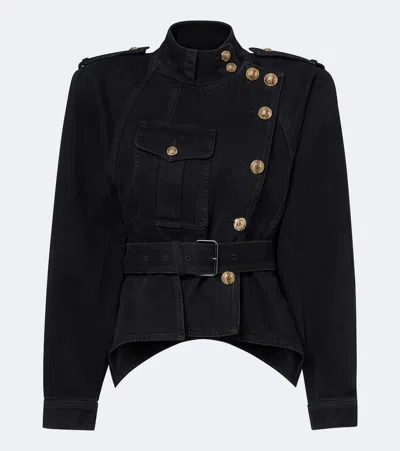 Balmain Belted Asymmetric Denim Jacket In Black