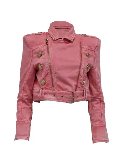 Pre-owned Balmain Belted Cropped Denim Jacket In Pink