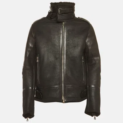 Pre-owned Balmain Black Shearling & Mouton Leather Rider's Jacket Xxl