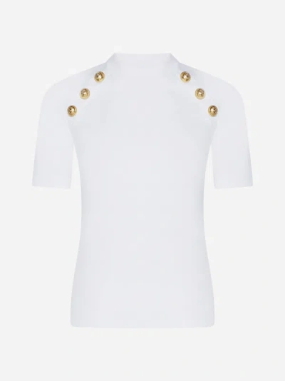 Balmain Button-detail Cotton-blend T-shirt In White
