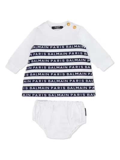 Balmain Babies' Button-detail Logo-tape Dress In White