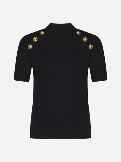 Balmain Buttoned Cotton-blend T-shirt In Black